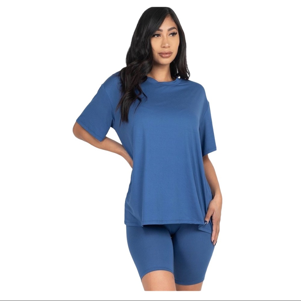 Casual Biker Shorts Set Blue